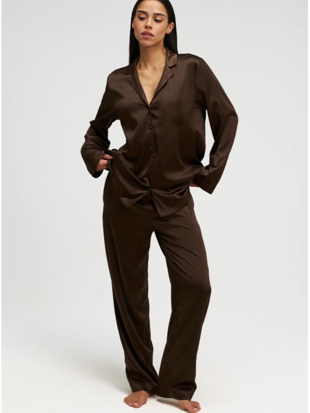 Dore & Rose Long Premium Silk PJ Set, size: S, color: Nº 13 Chocolate Au Nuit